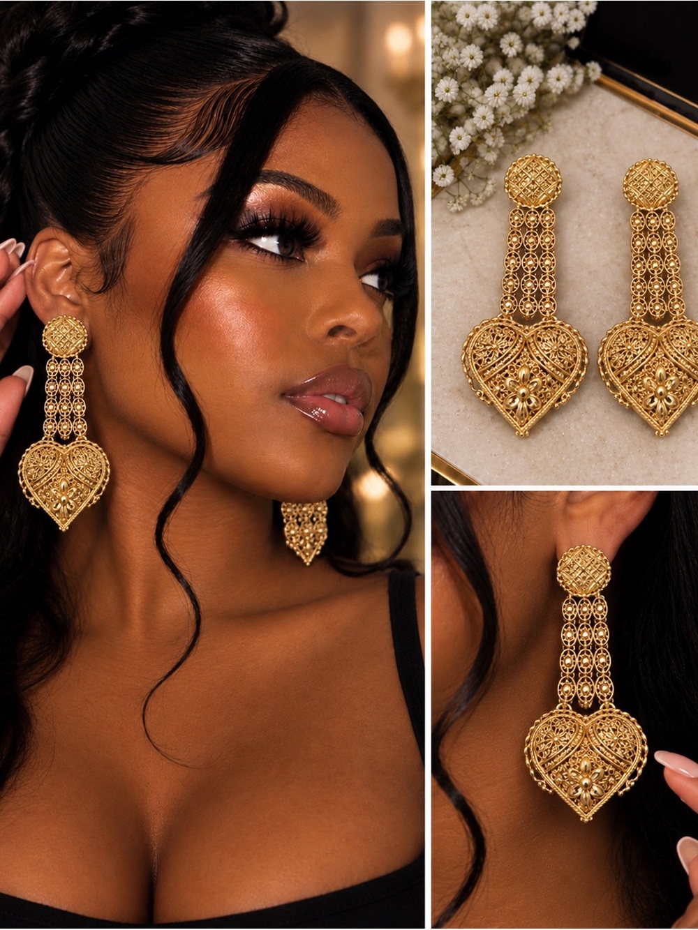 Fashion Jewelry Gold Filigree Heart Drop Earrings